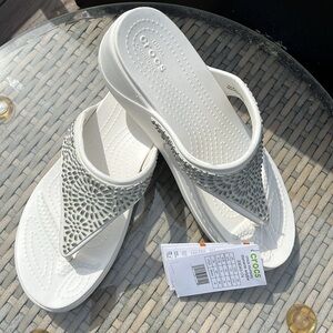 Crocs Monterey Diamante Wedge Slip On Flip Flop Sandals Size 10 White Creme